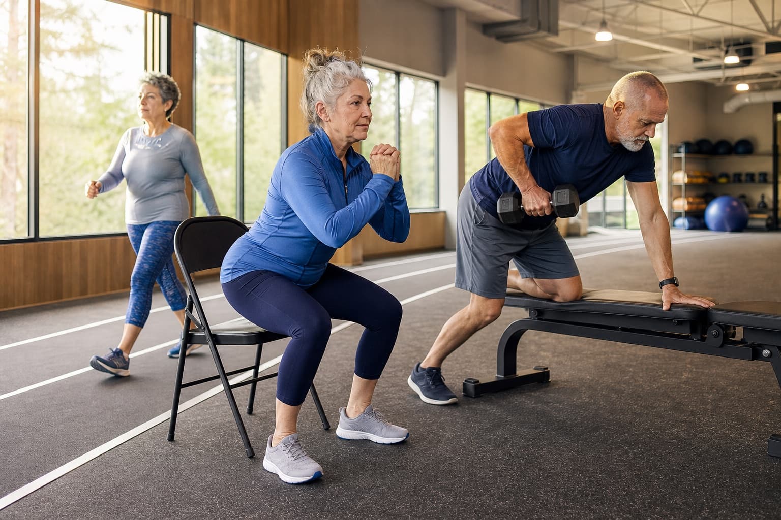 Three active older adults doing chair squats, supported rows, and brisk walking in a bright fitness studio